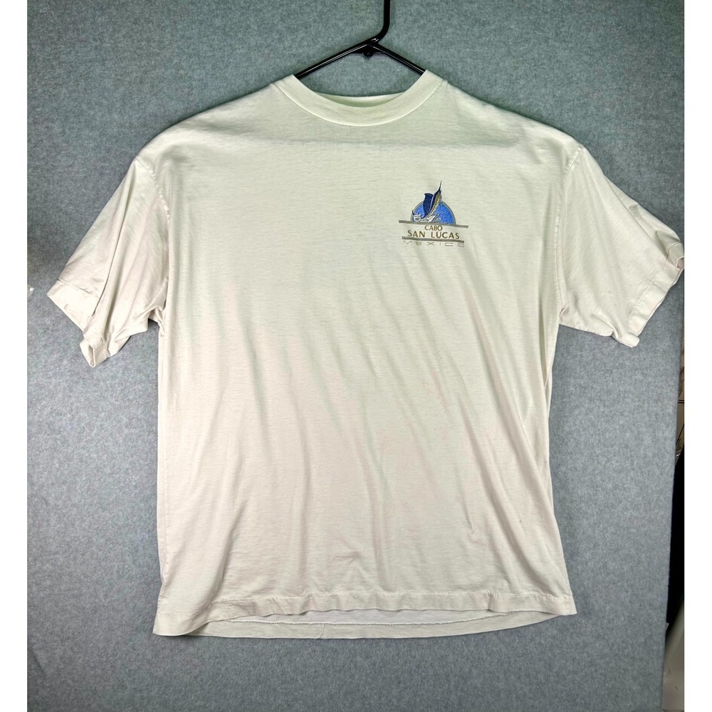 VTG Cabo San Lucas Marlin Graphic T-Shirt Mens XL Off White Double Sided